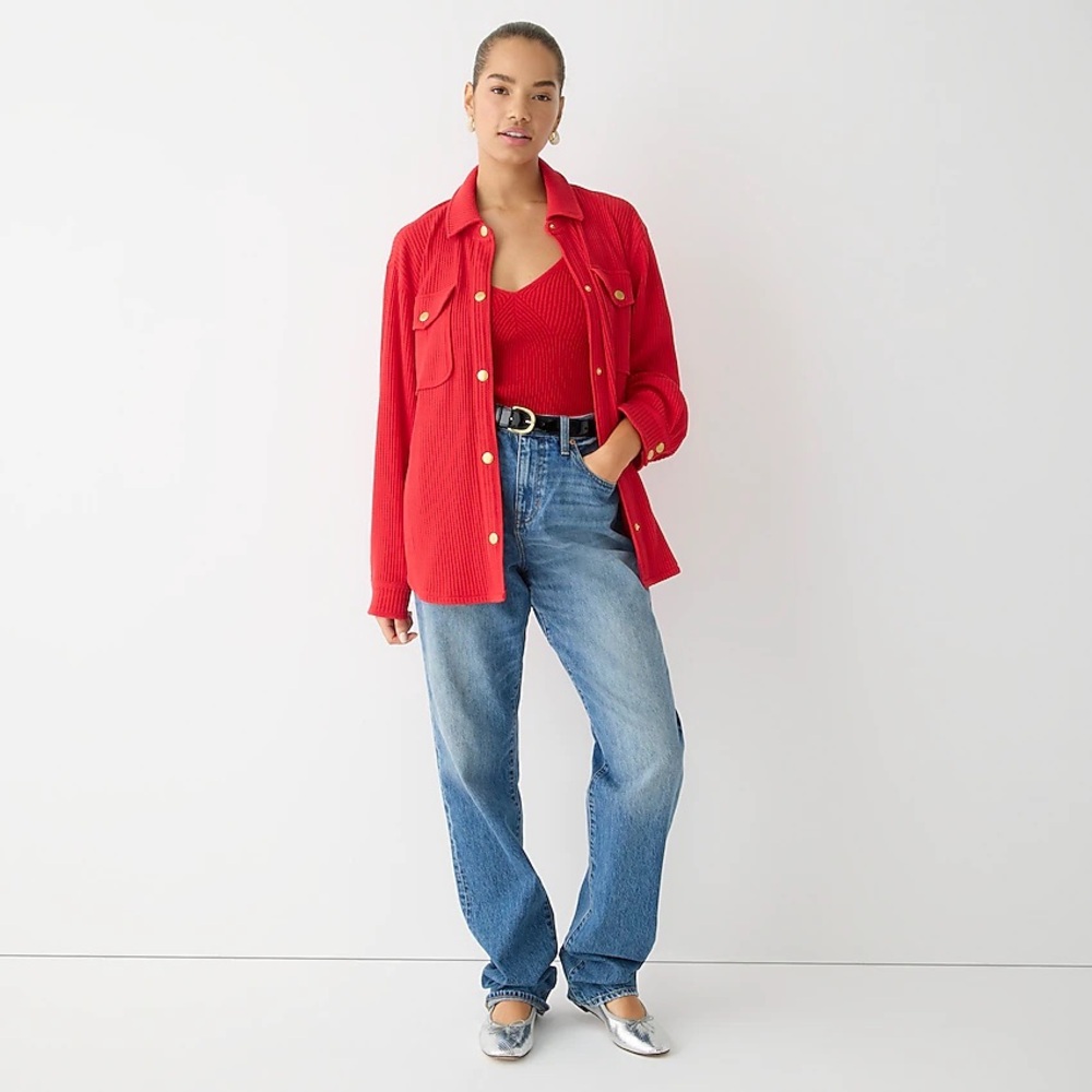 J. Crew Waffle Knit Shirt Jacket in Holiday Red